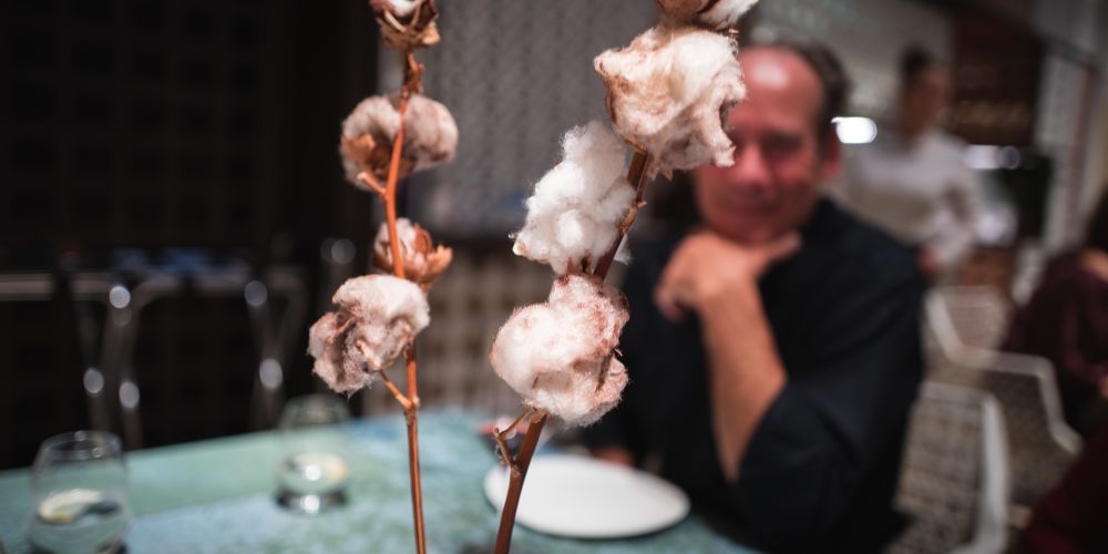 Puffy balls of cotton and cotton candy on a branch with a man staring in delight