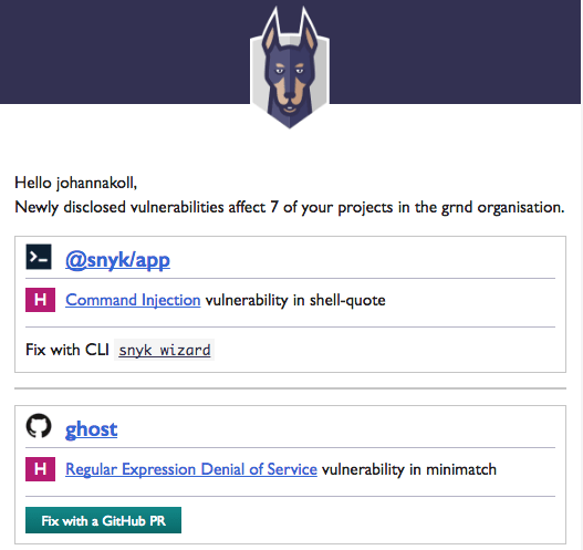 Snyk vulnerability alert email showing two projects with Command Injection and Regular Expression Denial of Service findings and remediation options.