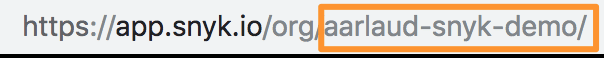 Browser URL showing app.snyk.io/org/aarlaud-snyk-demo/