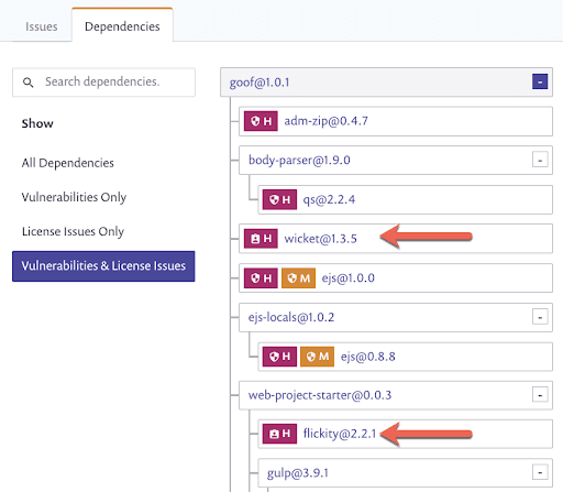 Dependency tree filtered for vulnerabilities and license issues, with arrows highlighting wicket@1.3.5 and flickity@2.2.1