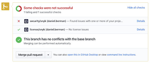 GitHub pull request status showing one failed security check, one successful license check, and a merge option