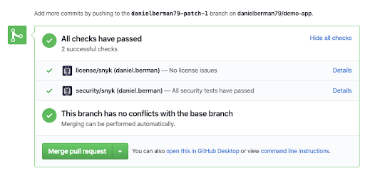 GitHub pull request status showing all checks passed, no license issues, successful security tests, and no conflicts with the base branch