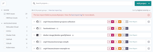 Snyk project dashboard showing a searchable list of projects with integration filters, severity badges, and project tags