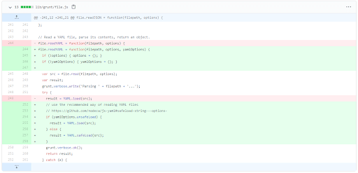 Code diff showing changes to a JavaScript function that reads YAML files and parses their contents.