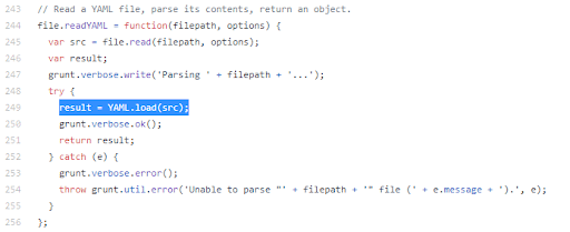 Code snippet showing a JavaScript function reading and parsing a YAML file with grunt.util.warn and error handling.