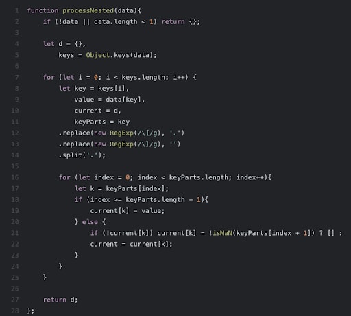 Editor de código com tema escuro exibindo uma função JavaScript processNested que processa recursivamente chaves de objetos aninhados.