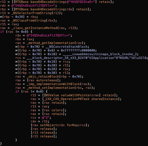Dark code editor showing Objective-C runtime code with method swizzling, block invocation, and object retention logic