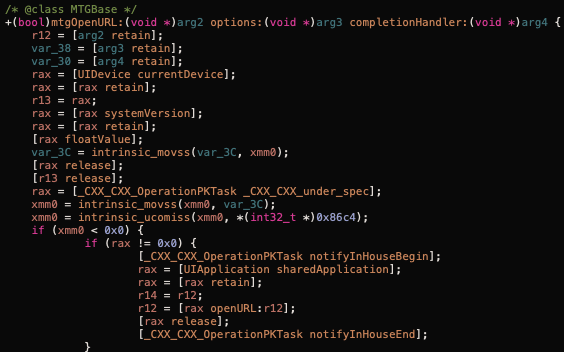 Dark code editor showing Objective-C method code that invokes an openURL operation.