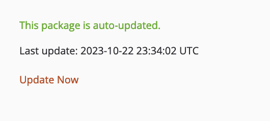 Package update interface showing “This package is auto-updated,” the last update timestamp, and an “Update Now” option.