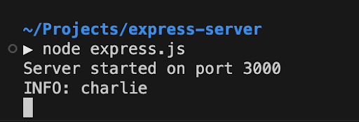 Terminal showing a Node.js Express server started on port 3000 with an INFO log reading “charlie”