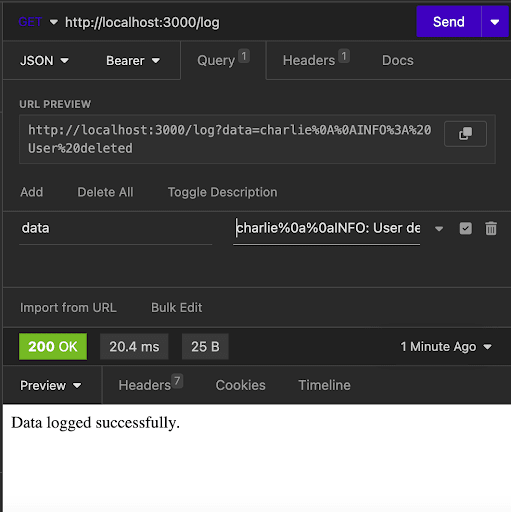 API client showing a GET request to localhost with an encoded log-injection payload and a successful 200 response.
