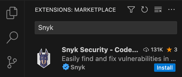 Visual Studio Code Extensions Marketplace showing the Snyk Security extension listing with an Install button
