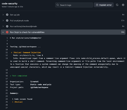 Snyk security GitHub Action finds a command injection security vulnerability in a JavaScript application project.