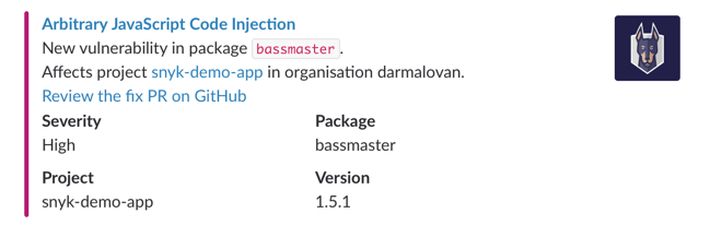 Slack vulnerability alert for arbitrary JavaScript code injection in the bassmaster package, affecting the snyk-demo-app project.