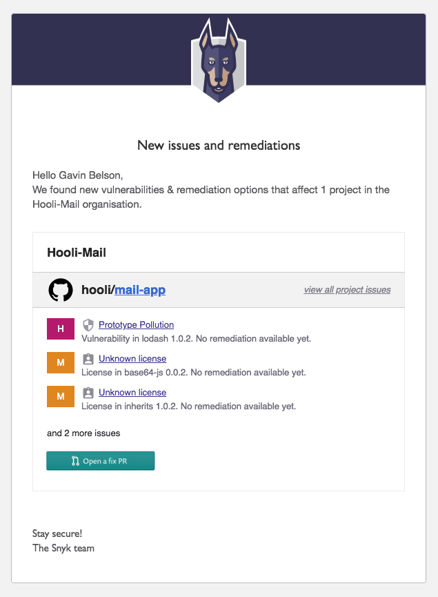 Email titled “New issues and remediations” listing vulnerabilities and unknown-license issues for the hooli/mail-app project.