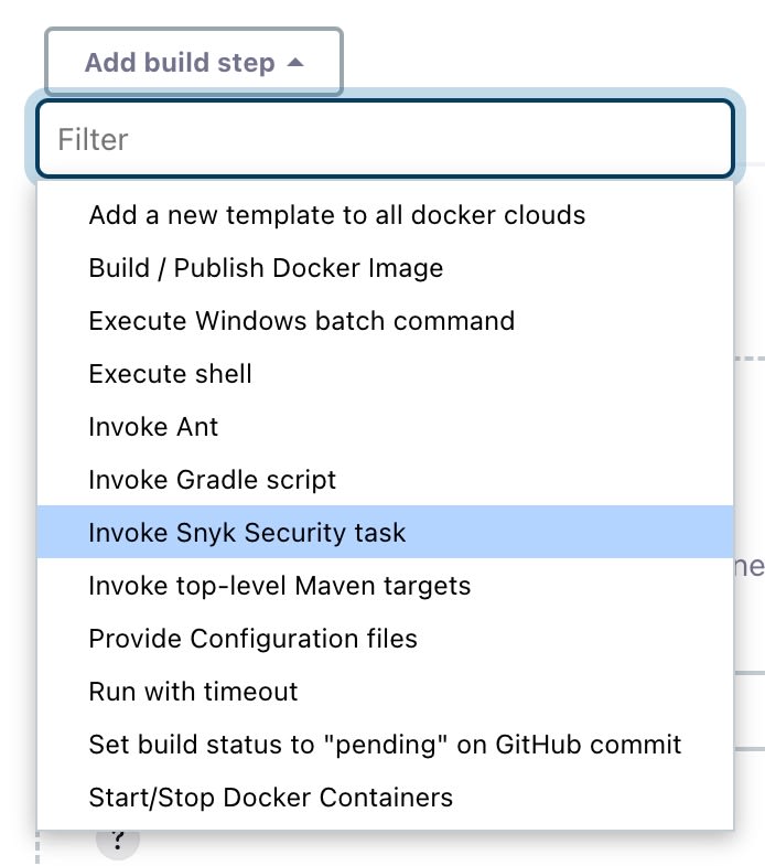 Geöffnetes Menü „Build-Schritt hinzufügen“ mit Optionen wie Docker-Image-Veröffentlichung, Shell-Ausführung, Gradle, Maven und Snyk-Sicherheitsaufgaben.