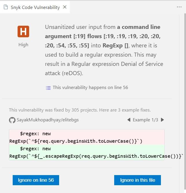 Snyk vulnerability report showing a high-severity ReDoS risk from unsanitized command-line input and a suggested regex escape fix.