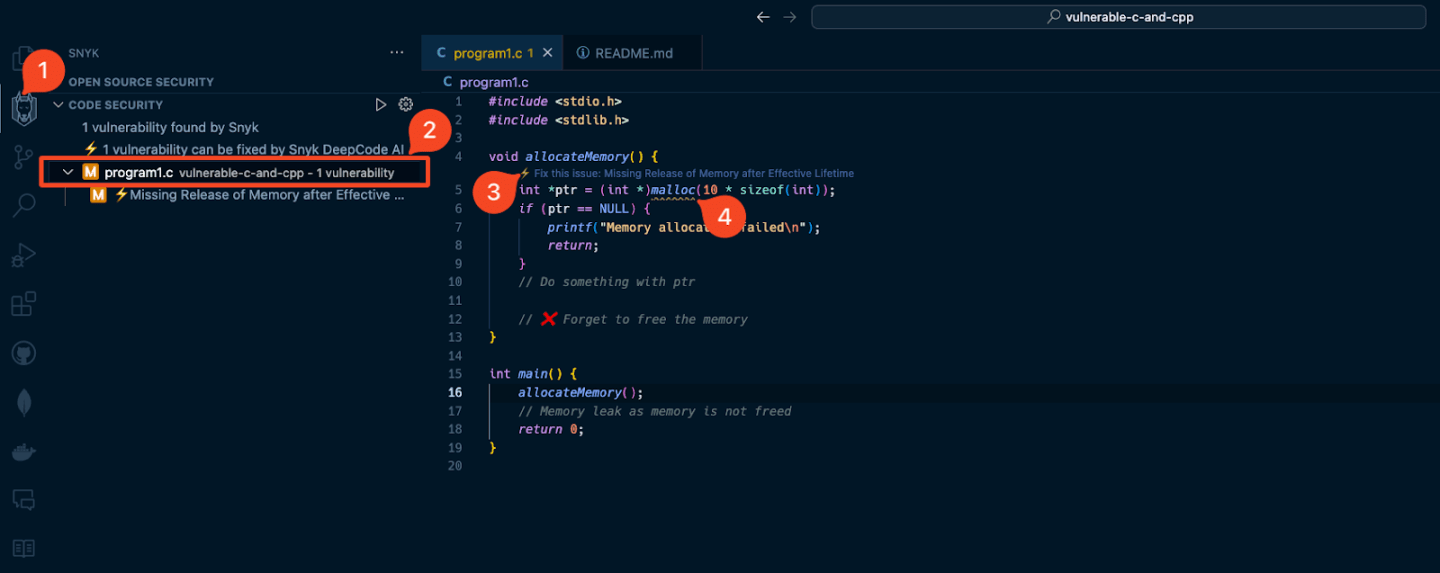 Interfaz de seguridad de Snyk Code que destaca una vulnerabilidad por falta de liberación de memoria en un programa en C y la solución sugerida por DeepCode AI