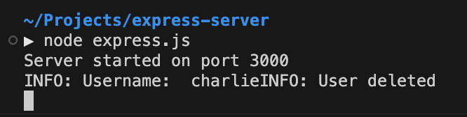 Terminal showing a Node.js Express server log with a username entry and the message “INFO: User deleted”