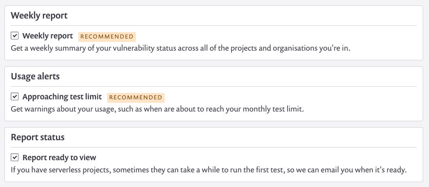 Notification settings showing selected options for a weekly vulnerability report, approaching test limit alerts, and report-ready status emails.