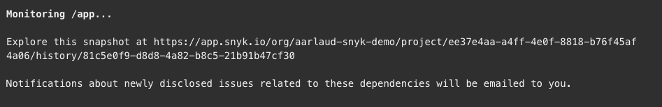 Terminal output showing an app monitoring snapshot URL and notifications about newly disclosed dependency issues.