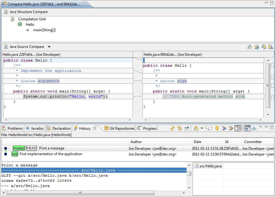 Java development interface comparing two Hello.java files, showing differences in the main method and Git history below