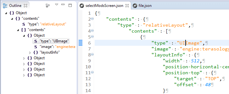 Code editor displaying a JSON layout configuration with a selected UIImage element and its positioning properties.