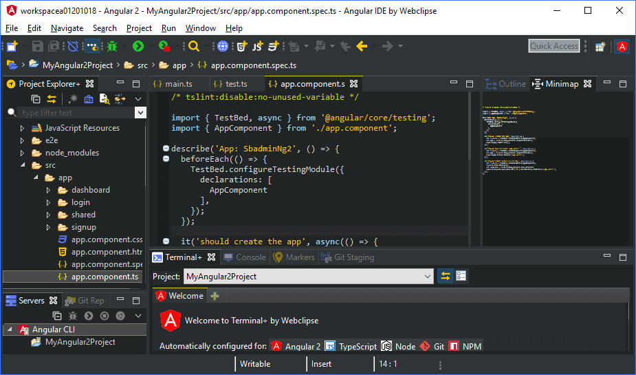 Angular IDE displaying an app.component.spec.ts test file, project explorer, and Terminal+ welcome panel for an Angular 2 TypeScript project.