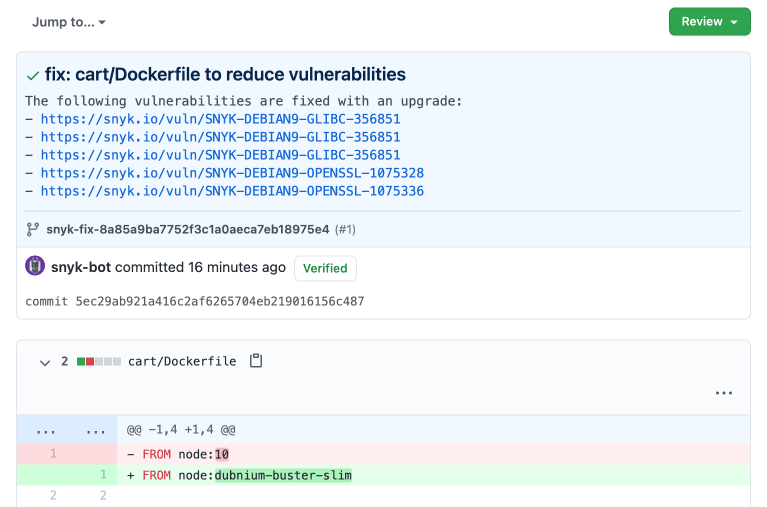 GitHub pull request showing a cart/Dockerfile update from node:10 to node:debian-buster-slim to address vulnerabilities