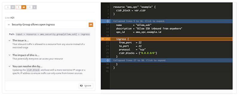 Ein Sicherheits-Scan zeigt eine AWS-Sicherheitsgruppe mit offenem eingehendem Datenverkehr sowie Terraform-Code, der SSH-Verbindungen von 0.0.0.0/0 zulässt.