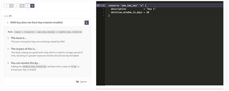Snyk IaC-Scan weist neben Terraform-Code, der enable_key_rotation auf true setzt, auf die deaktivierte AWS-KMS-Schlüsselrotation hin.