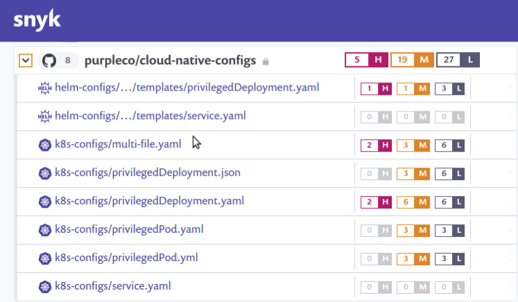 Kubernetes Workload Configuration Scanning Result showing scanned folder with helm configs and kubernetes deployments