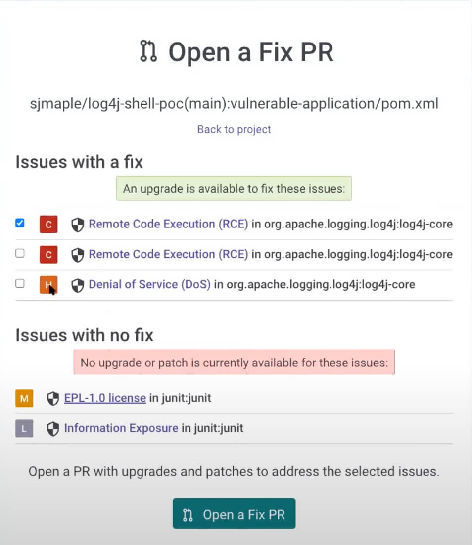 Open a Fix PR screen showing Log4j vulnerabilities, including remote code execution and denial of service issues.