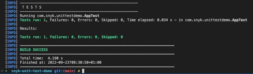 Terminal output showing one Java unit test run with zero failures, errors, or skipped tests, followed by a BUILD SUCCESS message.