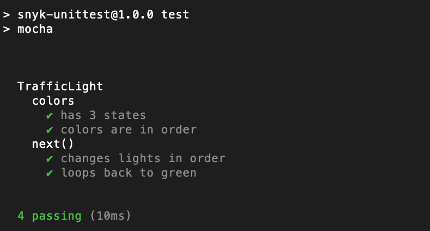 Salida de terminal que muestra pruebas unitarias de Mocha para los colores de TrafficLight, con cuatro pruebas aprobadas.