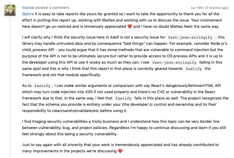 Screenshot of a GitHub comment by lirantal discussing whether fast-json-stringify and fastify security reports are vulnerabilities or project policy issues.