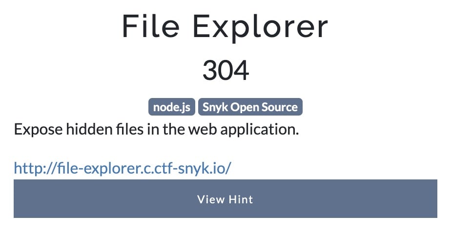 File Explorer 304 challenge screen labeled node.js and Snyk Open Source, describing hidden files in a web application