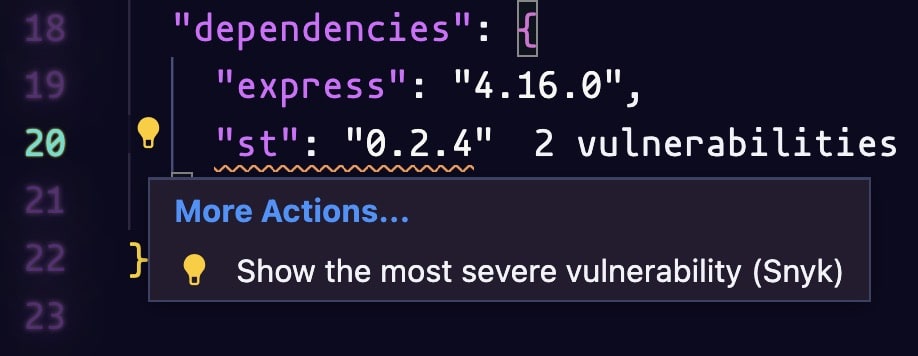 Code editor showing an npm dependency with two vulnerabilities and a Snyk action to show the most severe vulnerability