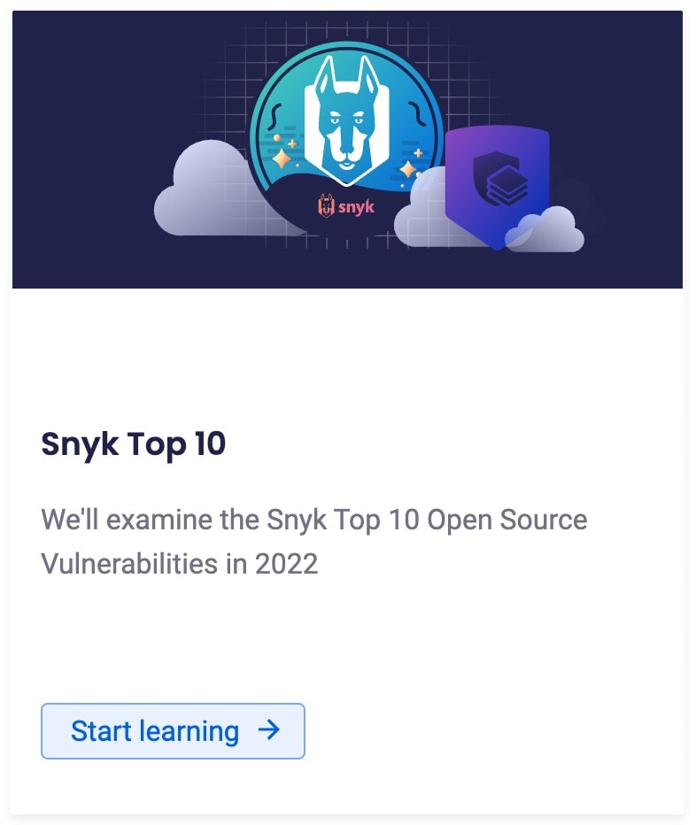 Carte Snyk Top 10 avec un logo Snyk stylisé, des illustrations de nuages et un texte sur les vulnérabilités open source en 2022