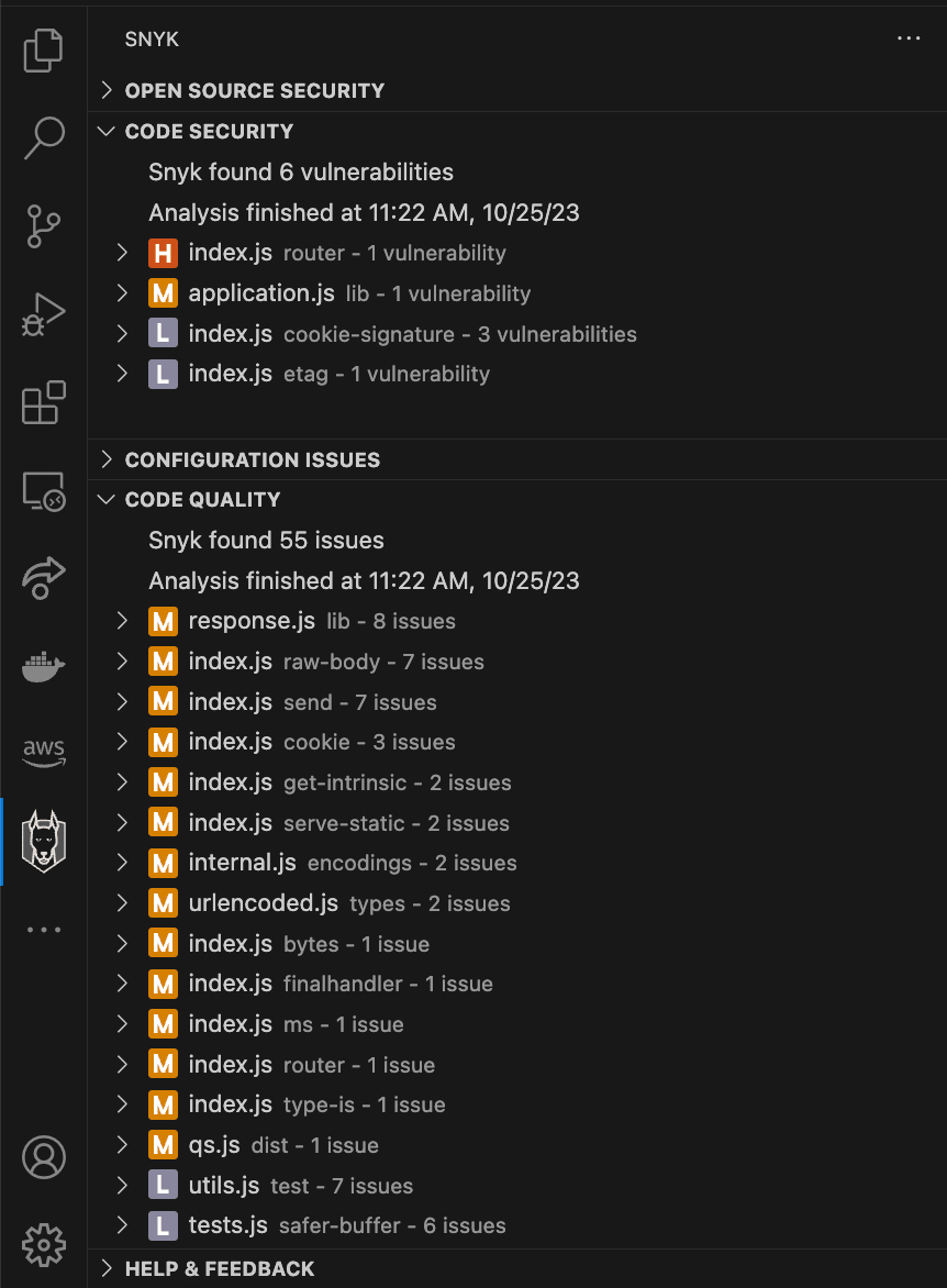 Snyk code security panel in a code editor showing six vulnerabilities and 55 code quality issues across JavaScript files