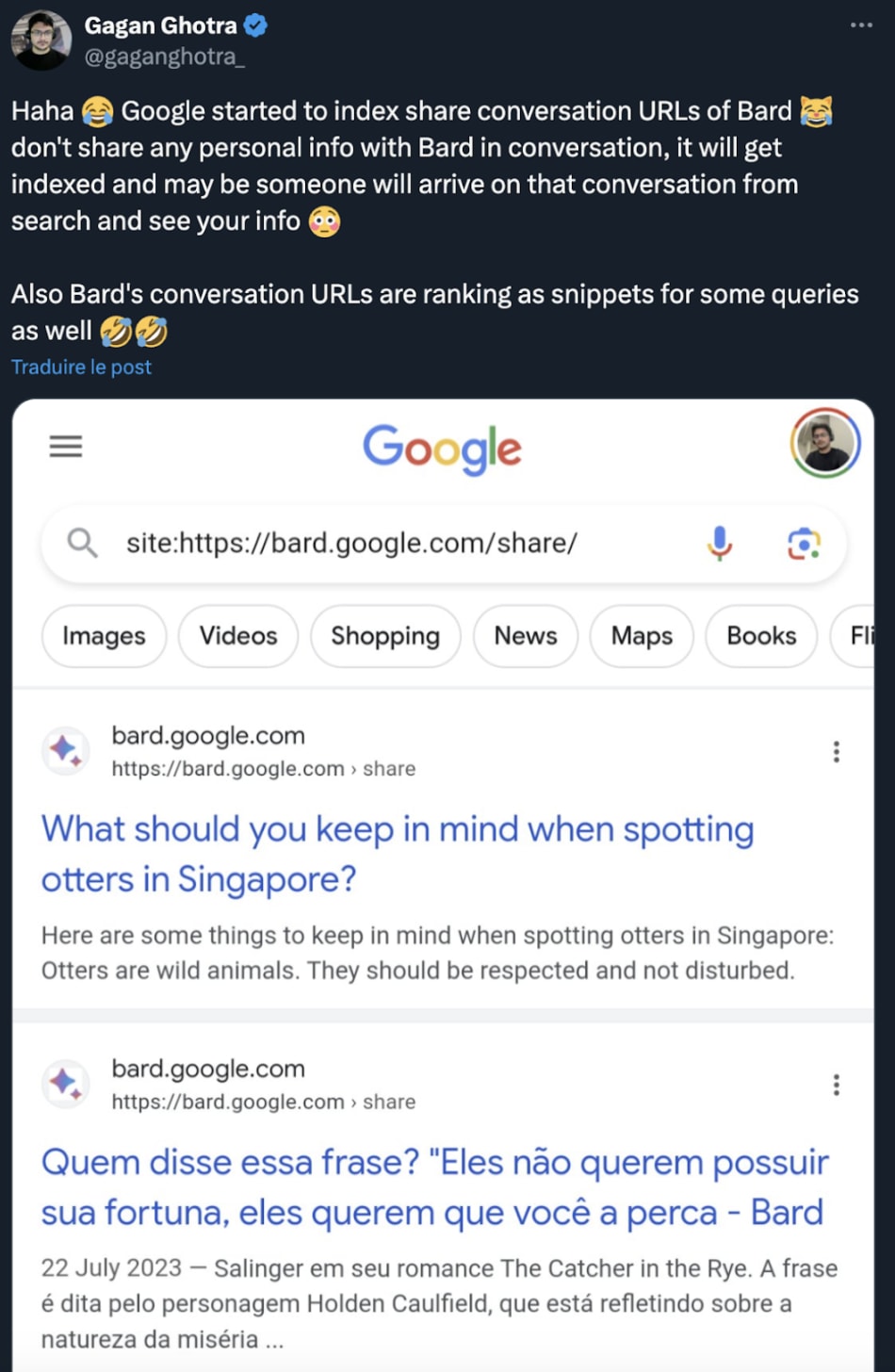 Captura de pantalla de una publicación que advierte que Google indexó las URL de conversaciones de Bard; muestra resultados de búsqueda de bard.google.com/share.