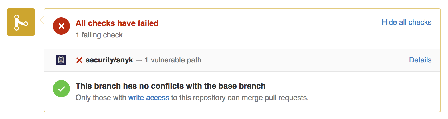 Pull request checks show all checks failed due to one vulnerable path, while the branch has no conflicts with the base branch.