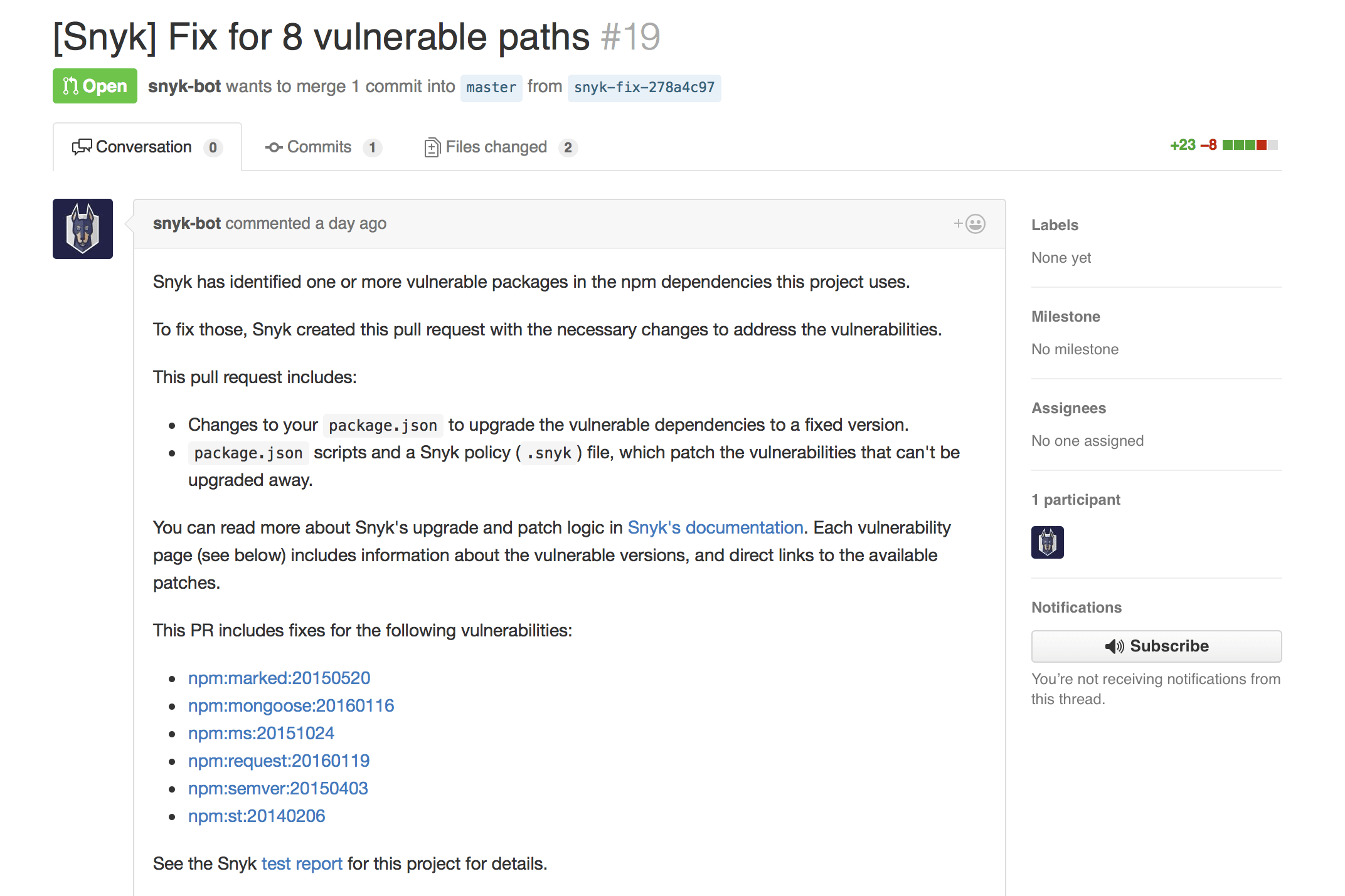 GitHub pull request from Snyk bot proposing fixes for eight vulnerable npm dependency paths