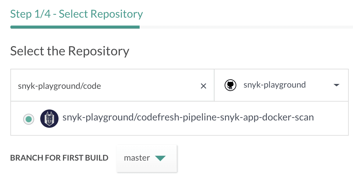 Repository selection screen showing Step 1 of 4, the snyk-playground/code repository, and the master branch selected for the first build