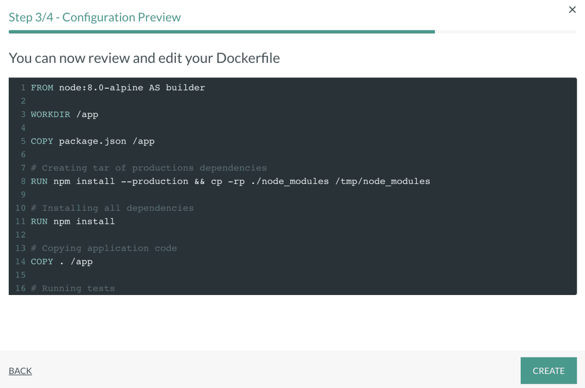 Configuration preview showing an editable Dockerfile with Node.js setup, dependency installation, application copying, and Create button