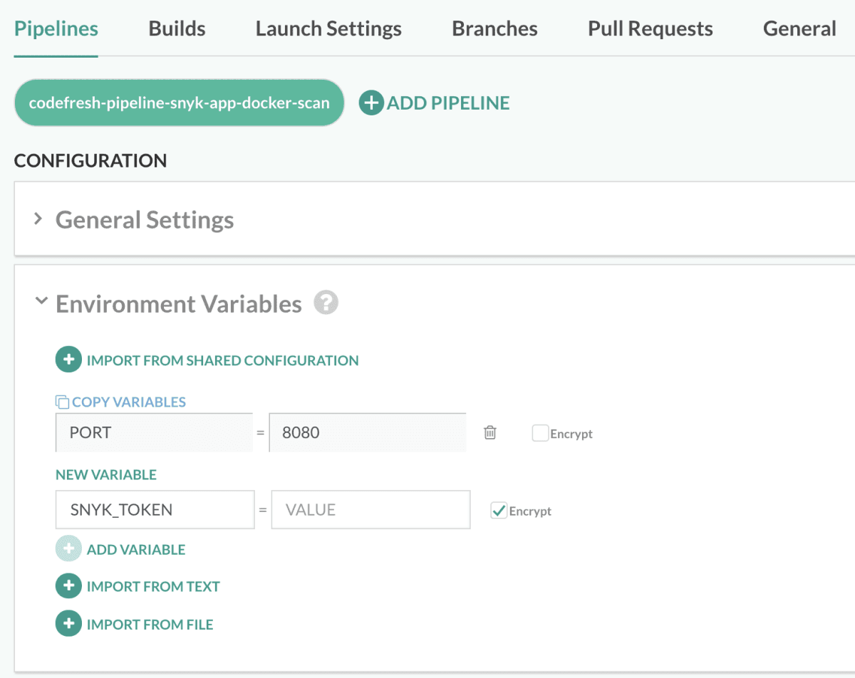 Pipeline configuration screen showing environment variables PORT=8080 and an encrypted SNYK_TOKEN variable.