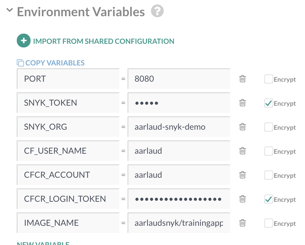 Environment Variables settings panel showing configured port, Snyk, Cloud Foundry, and image name variables, with some values encrypted