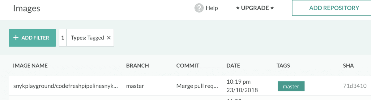 Images dashboard showing a tagged filter and repository image record with branch, commit, date, tag, and SHA columns