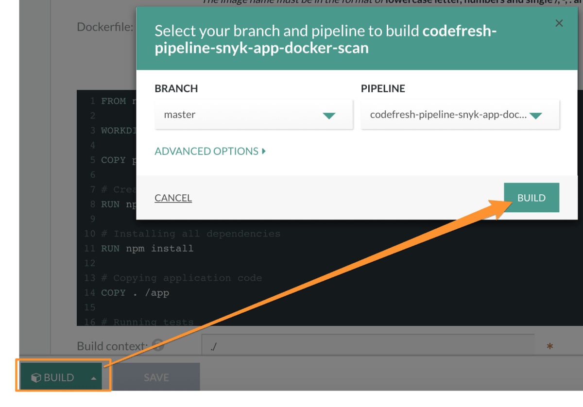 Dialog for selecting the master branch and pipeline before building codefresh-pipeline-snyk-app-docker-scan, with the Build button highlighted